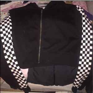 Cropped checkered zip up sweater